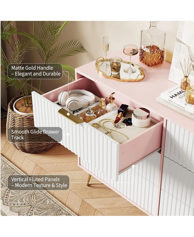 gaomon Fluted Dresser for Bedroom with 6 Drawers,47'' Wide Modern Chest of Wooden Drawers with Metal Handle,Wide Clothes Storage Organizer
