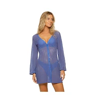 Guria Beachwear Women's Honeycomb Lattice Long Sleeve Button Down Tunic Cover-up