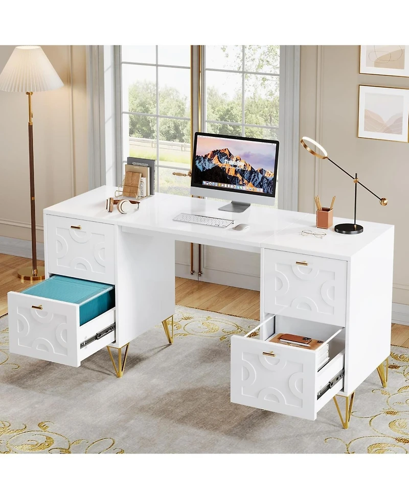 Tribesigns Computer Desk 59", Home Office with 4 File Drawers, Writing Table Elegant