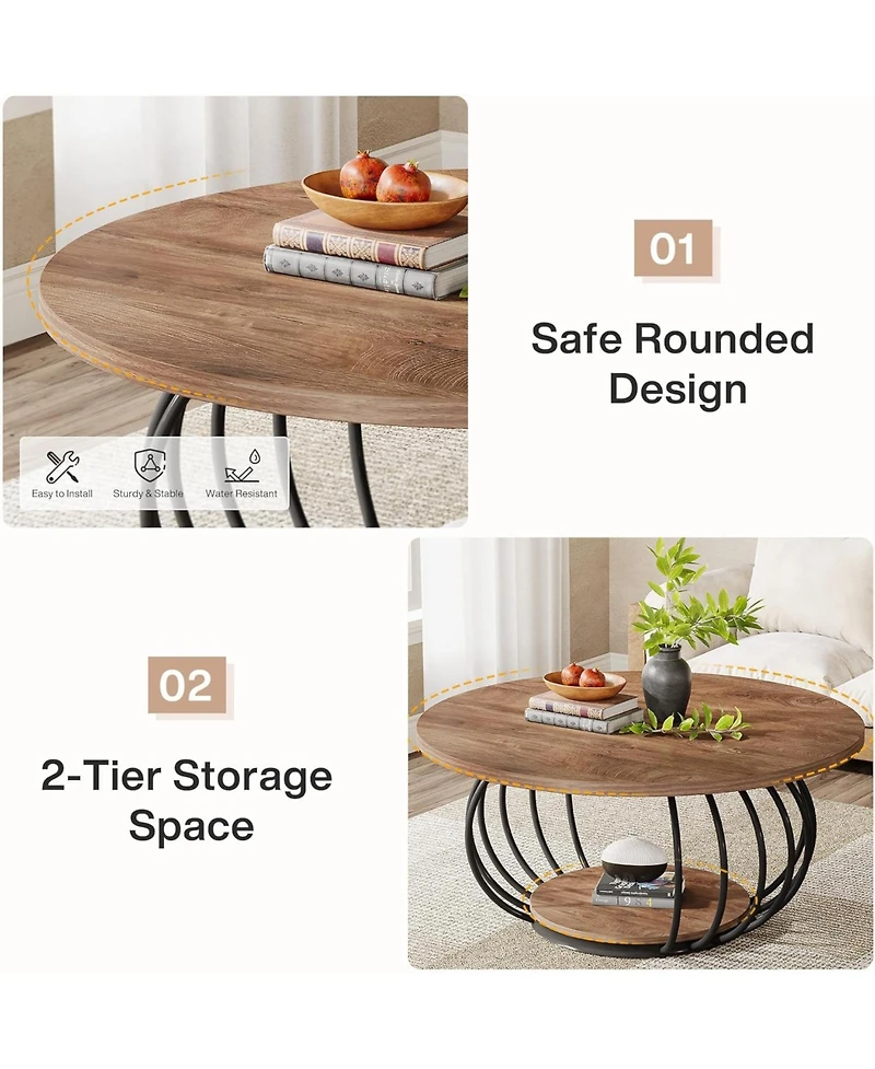 Tribesigns Round Coffee Table for Living Room, 39.4" Industrial Wooden 2-Tier Circle Accent Center Cocktail Table with Storage Shelf and Metal Fr