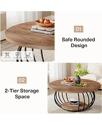 Tribesigns Round Coffee Table for Living Room, 39.4" Industrial Wooden 2-Tier Circle Accent Center Cocktail Table with Storage Shelf and Metal Fr