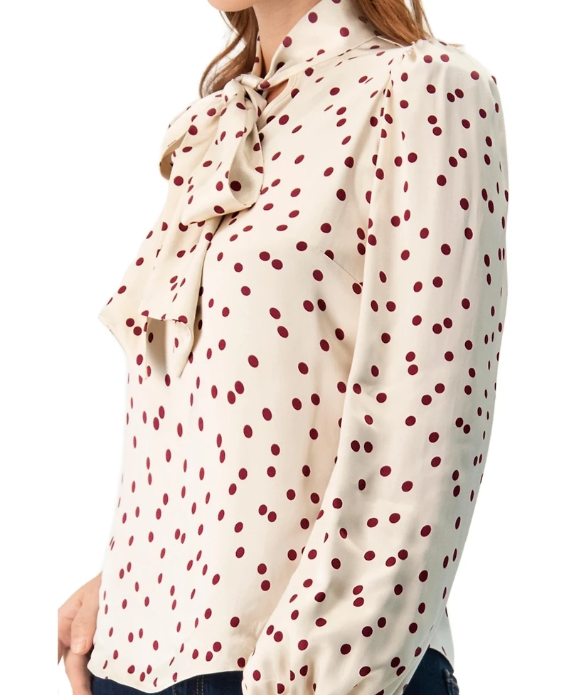 Ivonne Women's Long Sleeve Polka Dot Blouse with Neck Tie