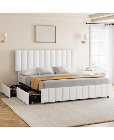 gaomon Queen Linen Upholstered Platform Bed Frame with 4 Storage Drawers, Adjustable Headboard, Wooden Slats Support.