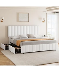 gaomon Queen Linen Upholstered Platform Bed Frame with 4 Storage Drawers, Adjustable Headboard, Wooden Slats Support.