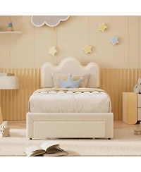 gaomon Twin Upholstered Led Bed Frame with Storage Drawers Girls Bed with Flower Headboard Boucle Princess Platform Bed Frame