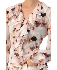Ivonne Women's Floral V-Neck Blouse with Ruffle Detail