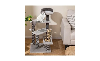 Aostirmotor 3-in-1 Cat Activity Stairs: 37-Inch Tiered Perches with Scratching Mats, Spring Ball & Dangling Toys for Climbing and Play
