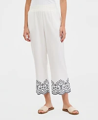 Jones New York Women's Embroidered Cropped Linen-Blend Pull-On Pants