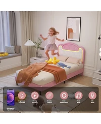 Gaomon Senfot Twin Bed Frame with Led Lights, Upholstered Fabric Headboard, Sturdy Wood Slat Support, No Box Spring Needed