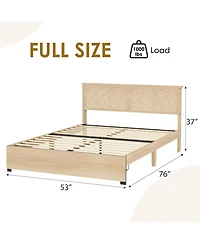 gaomon Natural Rattan Bed Frame with Wood Headboard, 2 Storage Drawers, Rgb Led Lights, Easy Assemble Boho Platform Bed with Strong