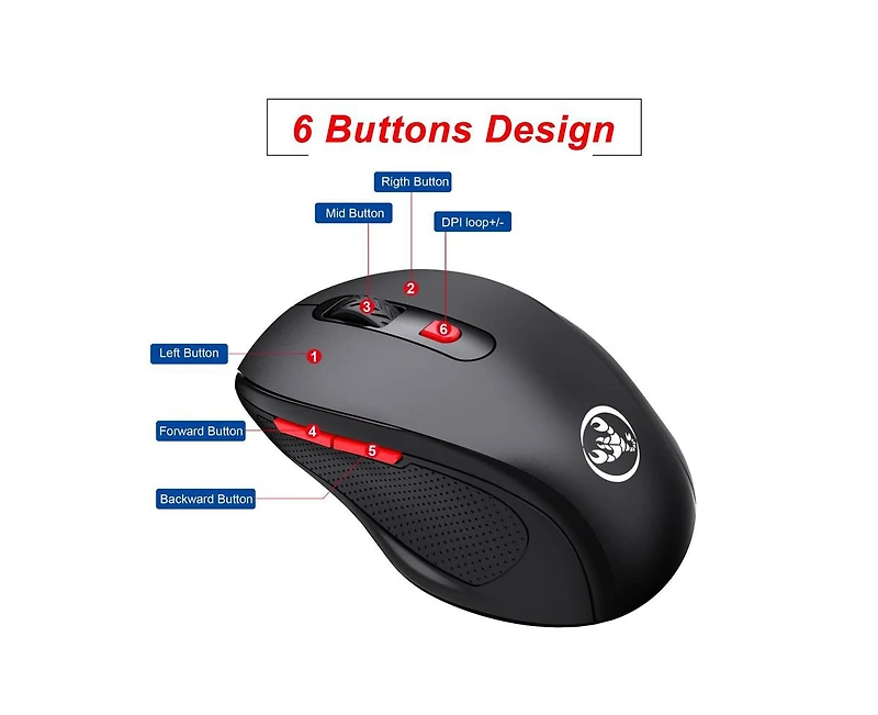 Risokeys 2.4G Wireless 6-Button Mouse: Ergonomic Grip, 3-Speed Dpi, for Office/Gaming