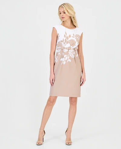 Connected Women's Placed-Print Belted Sheath Dress