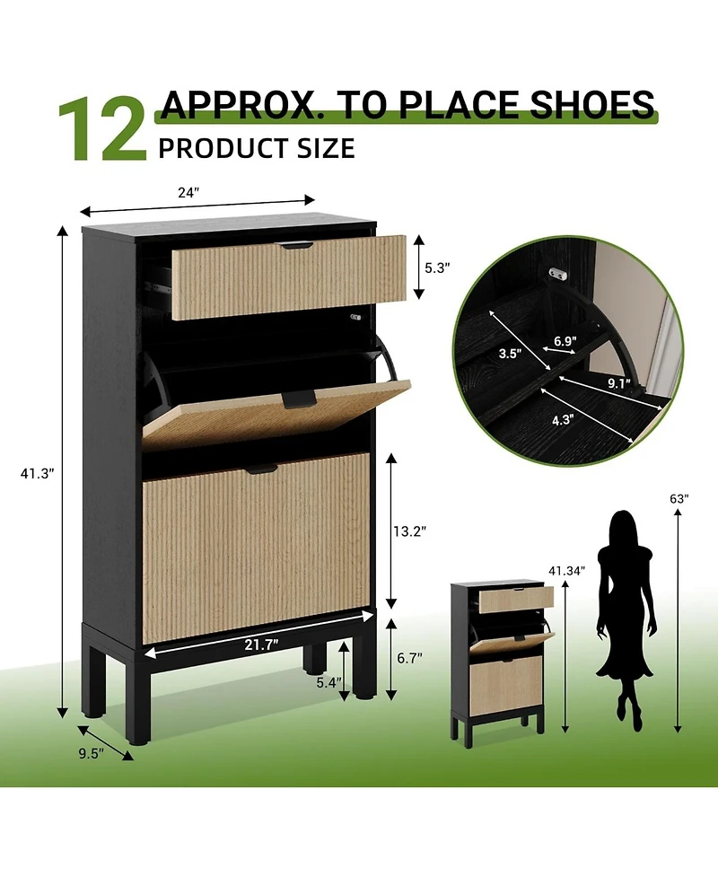 gaomon Slim farmhouse shoe storage cabinet with 2 flip drawers, fluted design, metal legs, and freestanding rack for entryway.