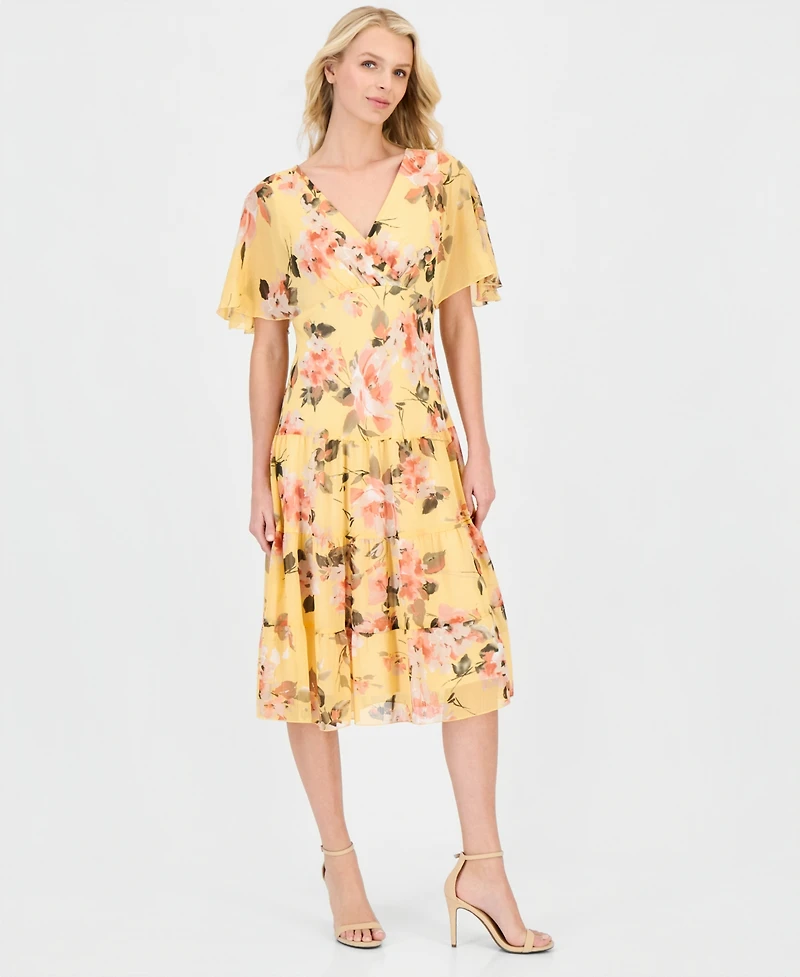 Connected Women's Floral Chiffon Butterfly-Sleeve Dress