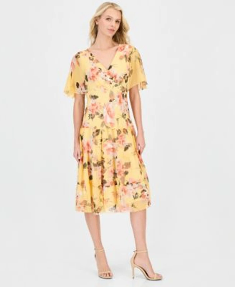 Connected Womens Floral Chiffon Butterfly Sleeve Dress