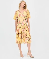 Connected Womens Floral Chiffon Butterfly Sleeve Dress