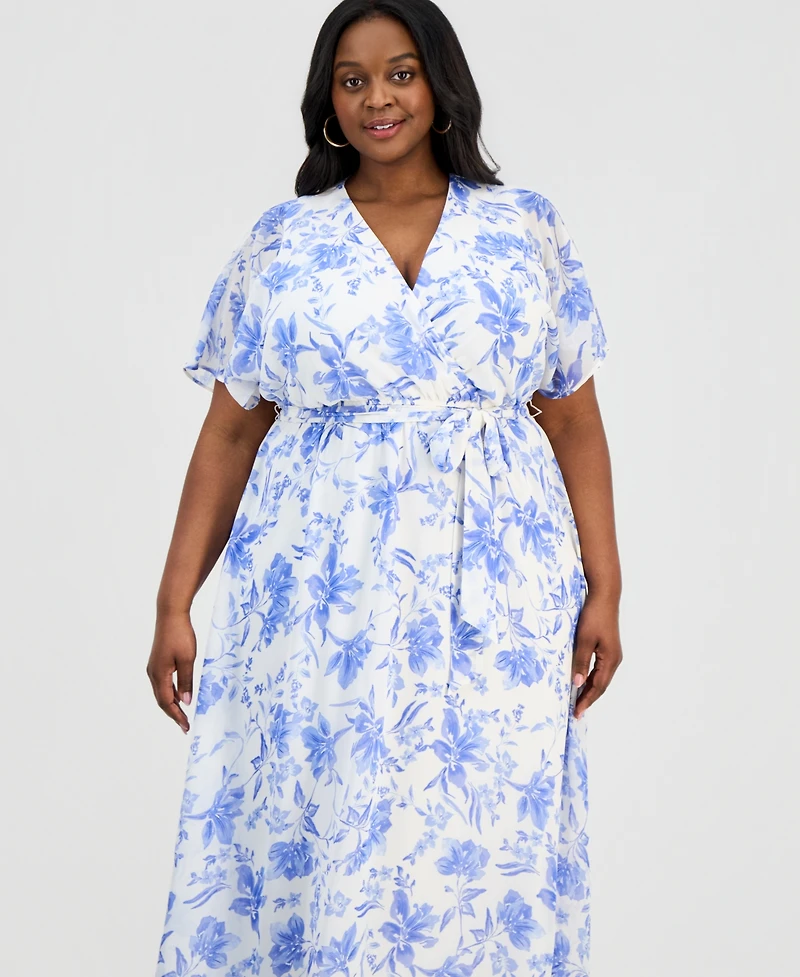 Sandra Darren Plus Printed Flutter-Sleeve Maxi Dress