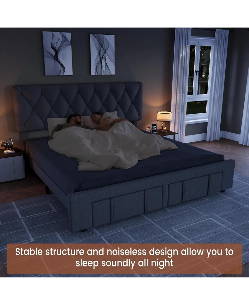 gaomon Bed Frame, Upholstered Platform Frame with Storage Drawers, Mattress Foundation Solid Wooden Slats Support, No Box Spring Needed