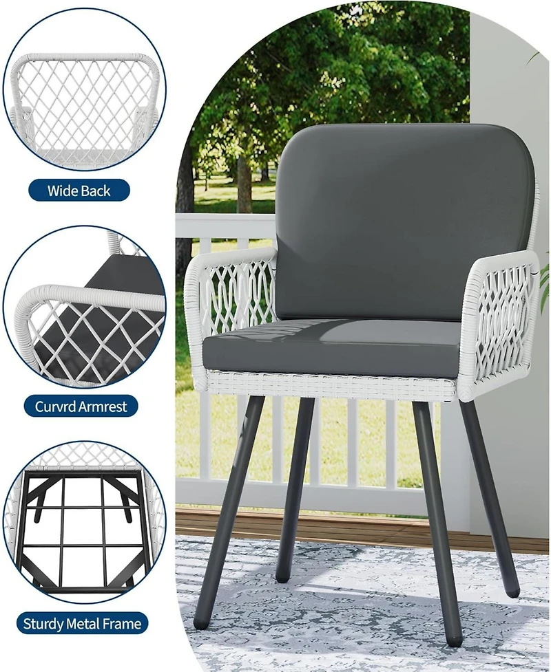 gaomon Patio Dining Chairs Set of 2 with Black Metal Frame & White Hand-Woven Rattan, Porch Armchairs with Cushion for Indoor, Garden, Balcony, Deck
