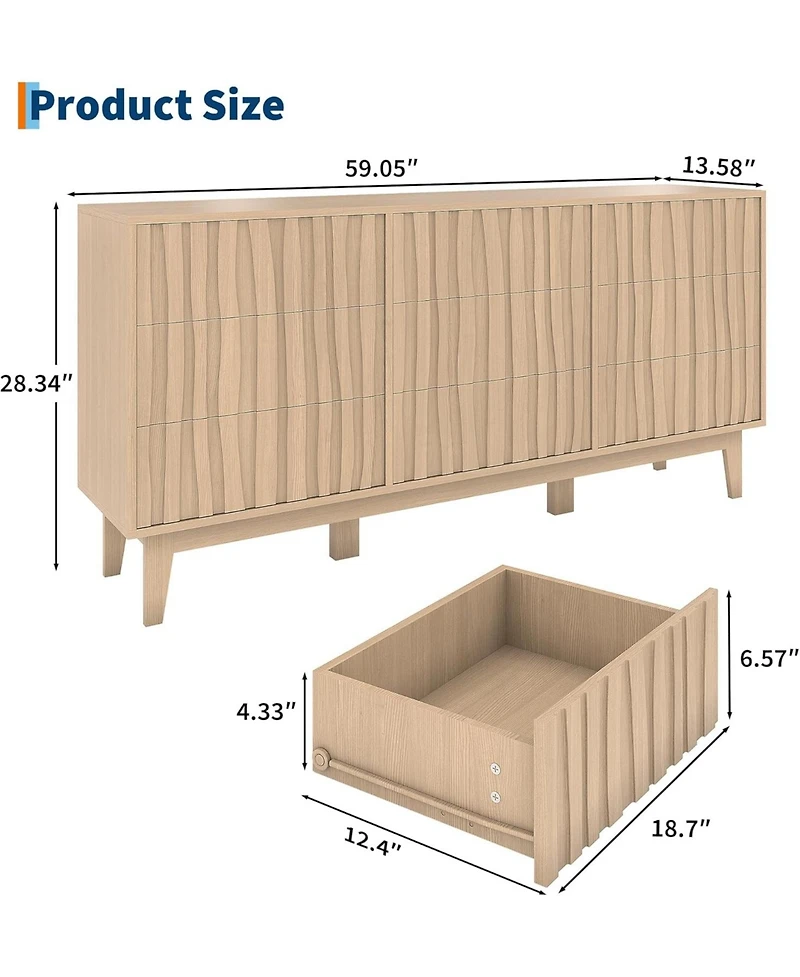 gaomon Fluted 9 Drawer Dresser, Modern Wooden Chest & Freestanding Storage Cabinet for Bedroom