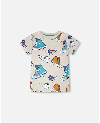Deux par Boy Cotton Jersey T-Shirt Grey Mix Printed Shoes - Toddler Child