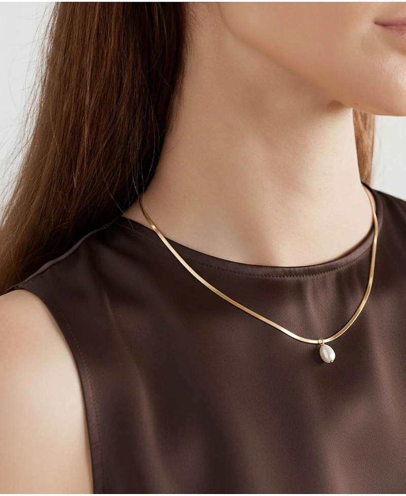 Gold Plated Stainless Steel Chain with Freshwater Pearl Pendant - Juliet Necklace 16" For Women