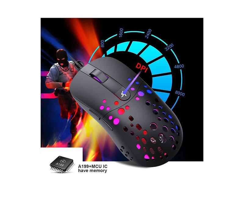 Risokeys Wired Lightweight Gaming Mouse, 6 Buttons, 8000 Dpi Adjustable, Rgb Backlit, Honeycomb Hollow Ergonomic Design for Pc, Laptop, Gamers