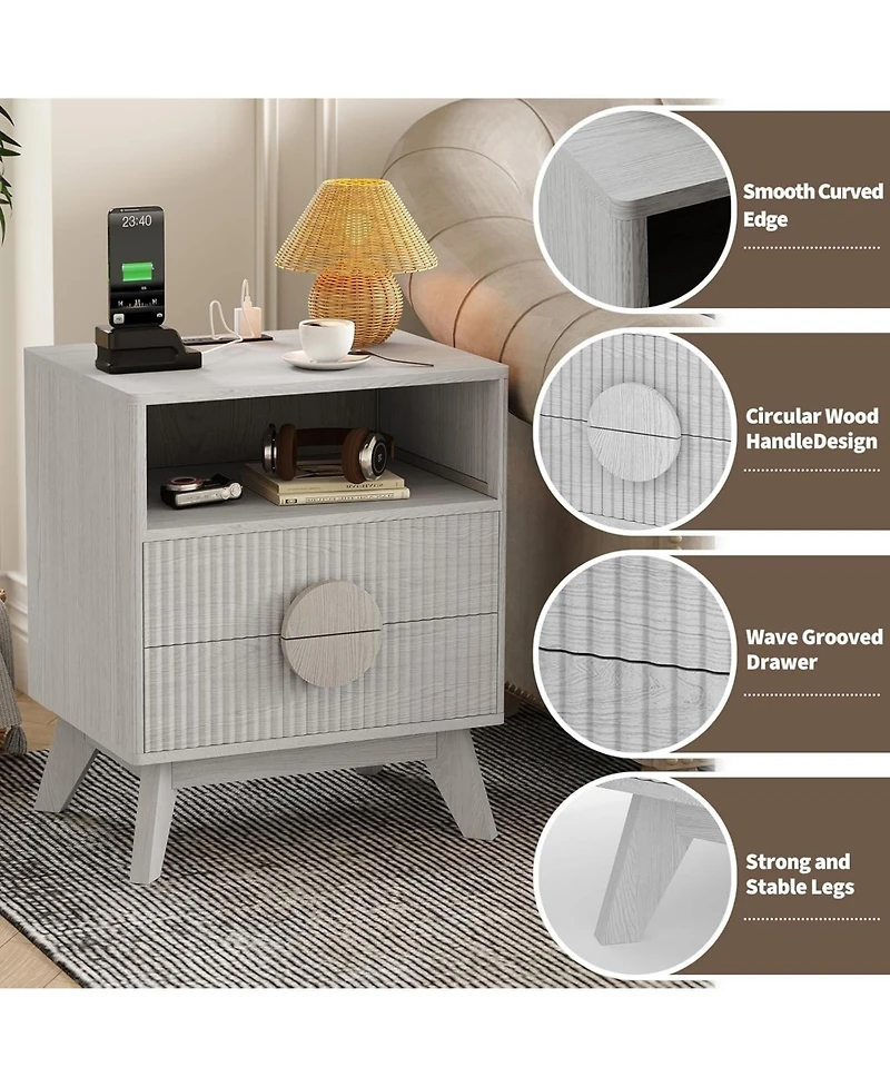gaomon Modern Wood Nightstand with Charging Station, Fluted Bedside Table with Drawers and Shelf for Bedroom, Living Room