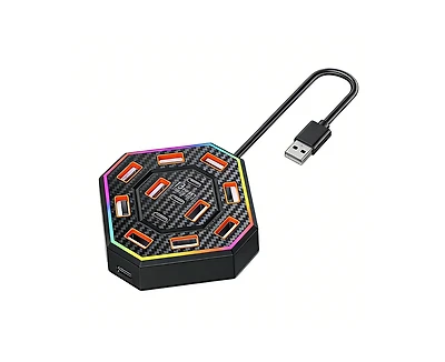 Risokeys 13-Port Usb Hub with Rgb Lighting, 23.6inch Extended Cable, Multiport Docking Station for Laptop/Desktop