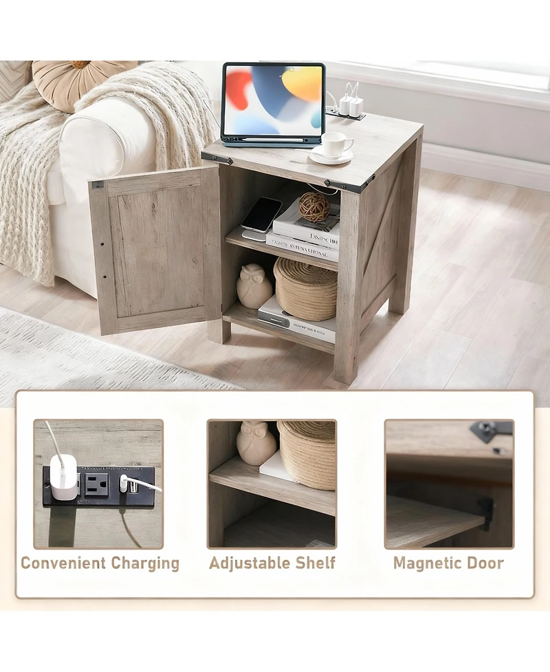 Yigii Farmhouse Barn Door Bedside locker with Charging Station - Rustic Wood