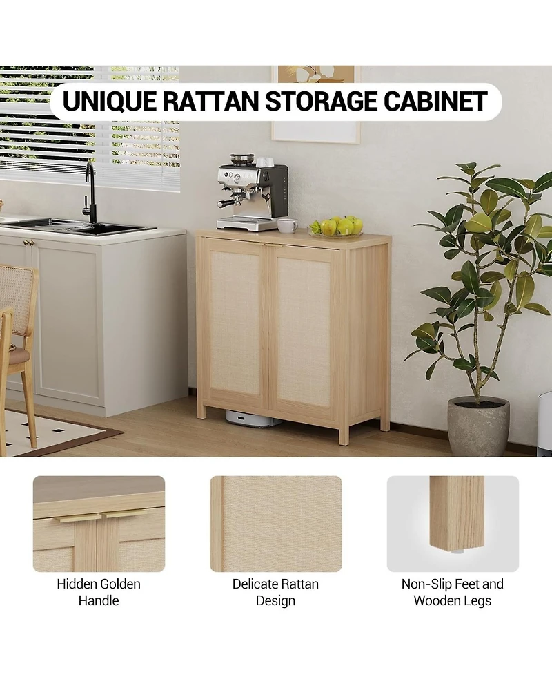 gaomon Farmhouse Rattan Buffet Cabinet with Storage & Adjustable Shelves, 34.3" Kitchen Sideboard Console Table for Living Room Dining Room Entry