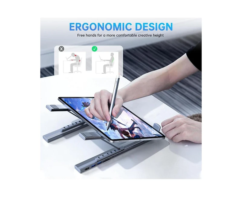 Risokeys 8-in-1 Usb C Laptop Docking Station Stand with 4K Hdmi, Ergonomic Height Adjustable Hub for Home Office & Travel