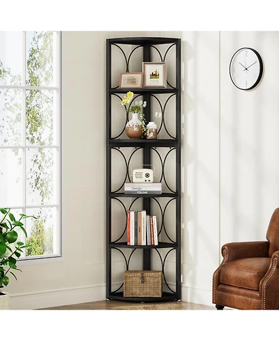 Tribesigns 67 inch Tall Corner Shelf, 6 Tier Rustic Bookshelf Bookcase Storage Rack Standing Shelving Unit for Living Room, Small Space