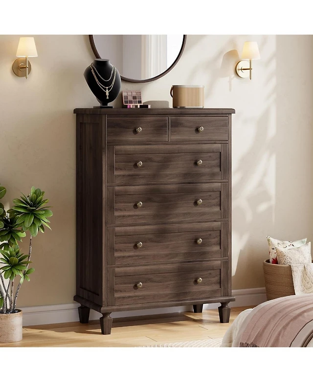 long dark brown dresser Sera Fluted 6 Drawer Dresser with Brass Handle