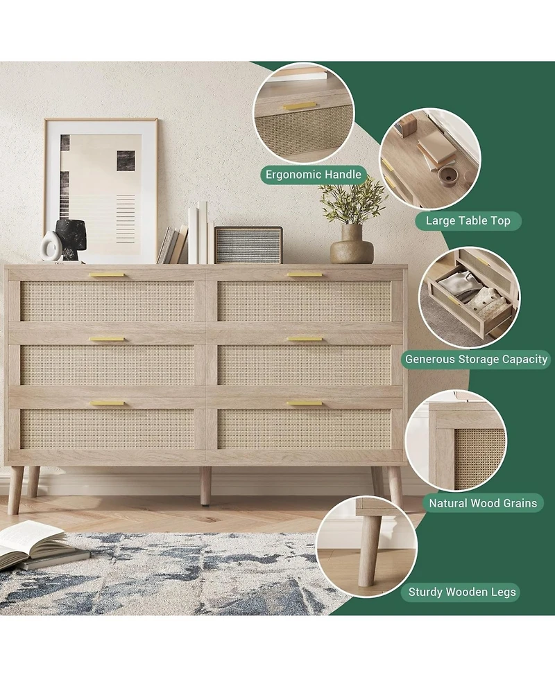 gaomon 6 Drawer Rattan Dresser, Rattan Chest of Dressers, Mid Century Modern Dresser for Closet with Handles, Large Table Top, Dressers Bedroom
