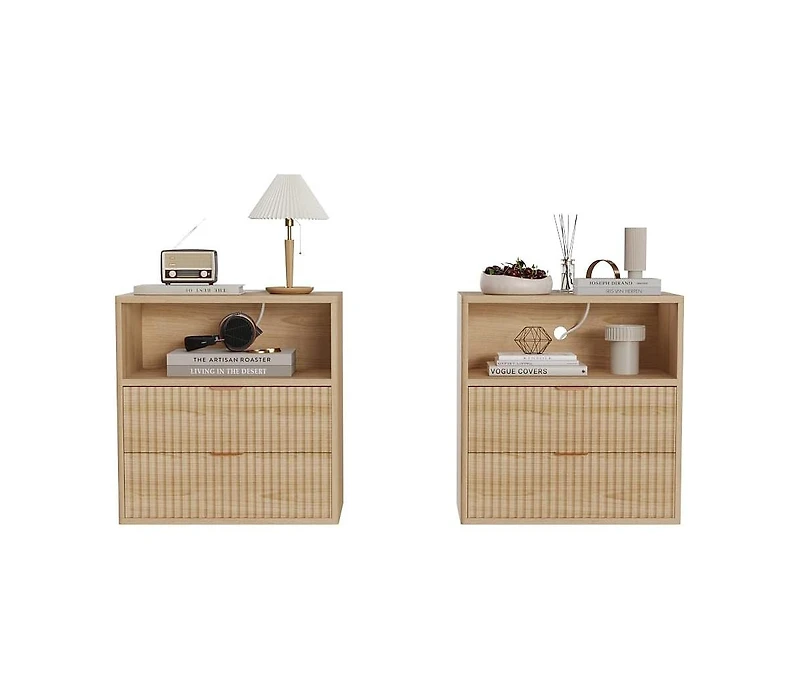 gaomon Fluted Farmhouse Night Stand with Charging Station, 23" Mid-Century Modern Nightstand