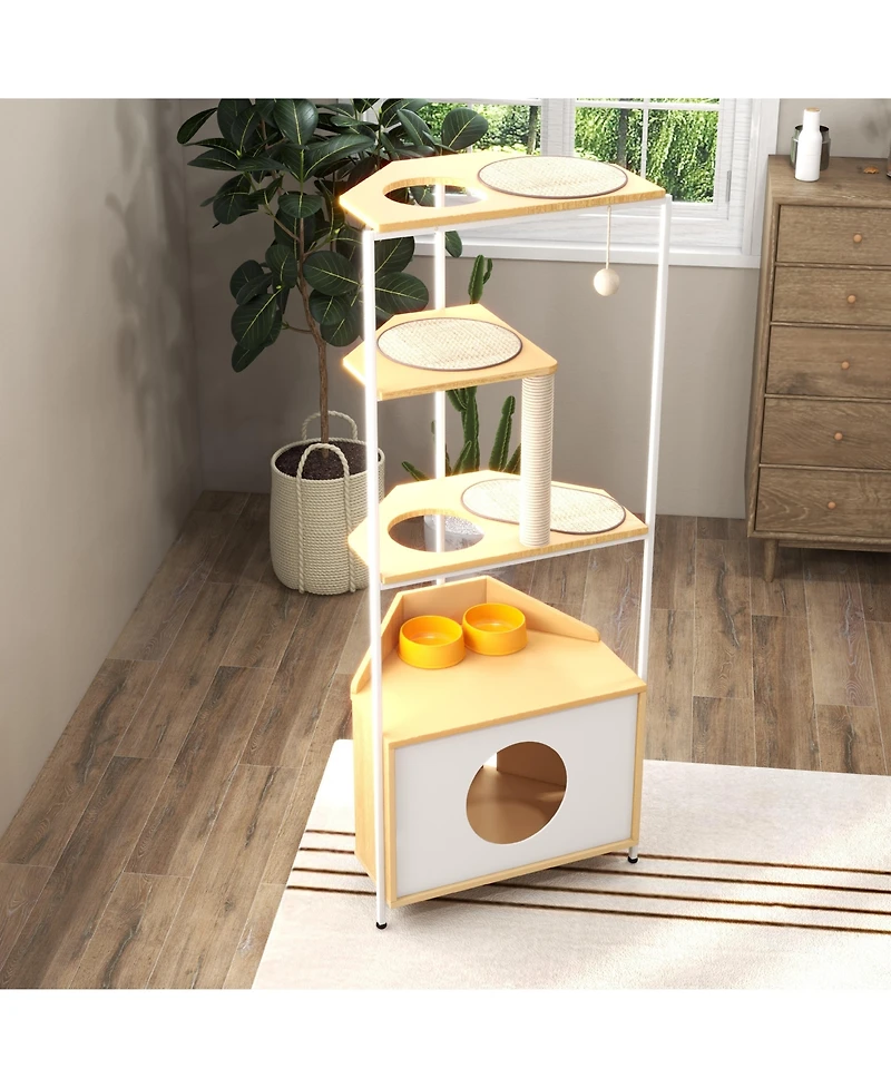 Cozito Corner Cat Tower with Feeding Station and Multi Level Condo Cabinet