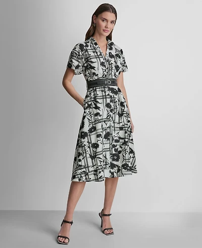 Dkny Women's Short Sleeve Collared Neck Belt Midi Shirtdress