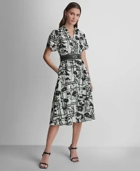 Dkny Women's Short Sleeve Collared Neck Belt Midi Shirtdress