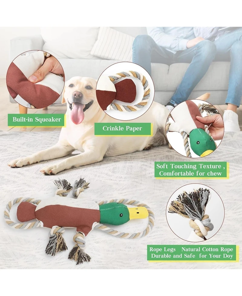 Aostirmotor Durable Duck Dog Toy for Aggressive Chewers, Interactive Plush with Squeaker & Crinkle Sound for Tug-of-War and Play
