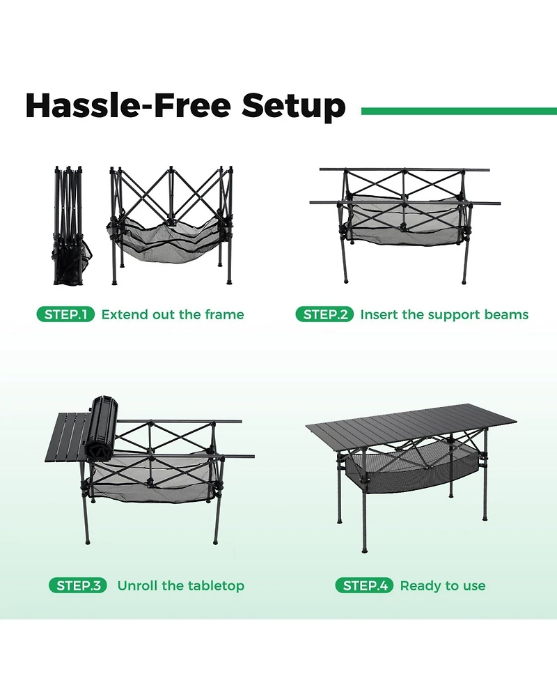 Mecale Folding Patio Camping Table with Roll-Up Top and Mesh Storage Basket, Portable