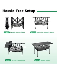 Mecale Folding Patio Camping Table with Roll-Up Top and Mesh Storage Basket, Portable