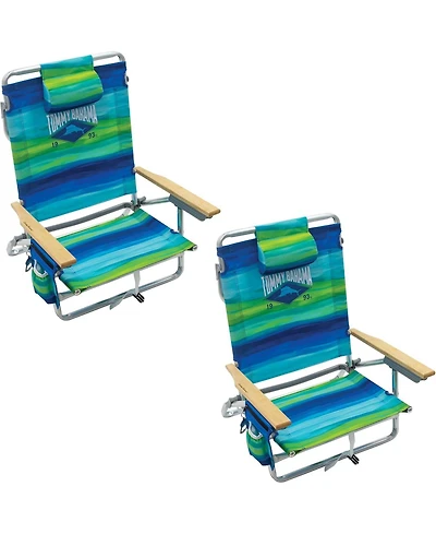 Tommy Bahama 2-Pack 5-Position Classic Lay Flat Backpack Beach Chair with Cooler and Cup Holder, Portable Folding Beach Chair for Tanning, Blue/Green