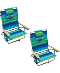 Tommy Bahama 2-Pack 5-Position Classic Lay Flat Backpack Beach Chair with Cooler and Cup Holder, Portable Folding Beach Chair for Tanning, Blue/Green