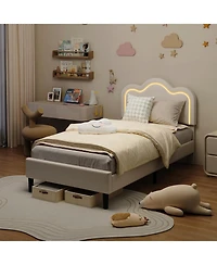 Gaomon Queen Size Floating Bed Frame with Led Lights, Velvet Upholstered Platform, Storage Headboard, No Box Spring Needed