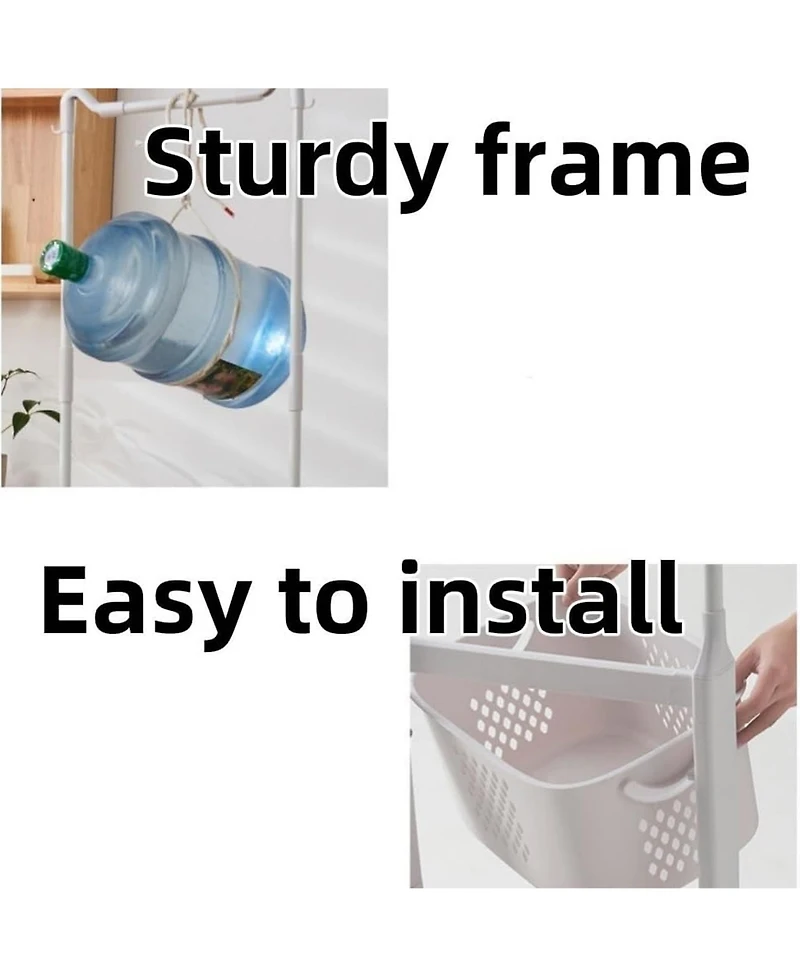 Rainsken 2-Tier Laundry Hamper Sorter, Rolling Laundry Baskets with Wheels, Removable, Stackable Laundry Cart with Hanging Bar for Small Space, Dorm