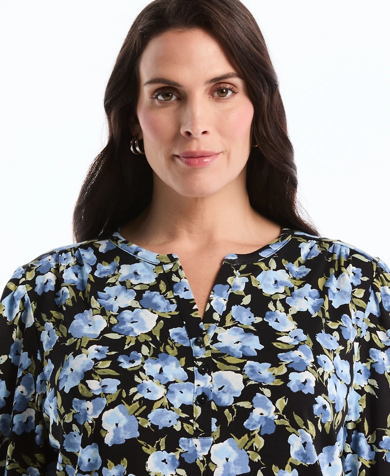 Rafaella Plus Floral Print Shirred 3/4-Length Sleeve Top