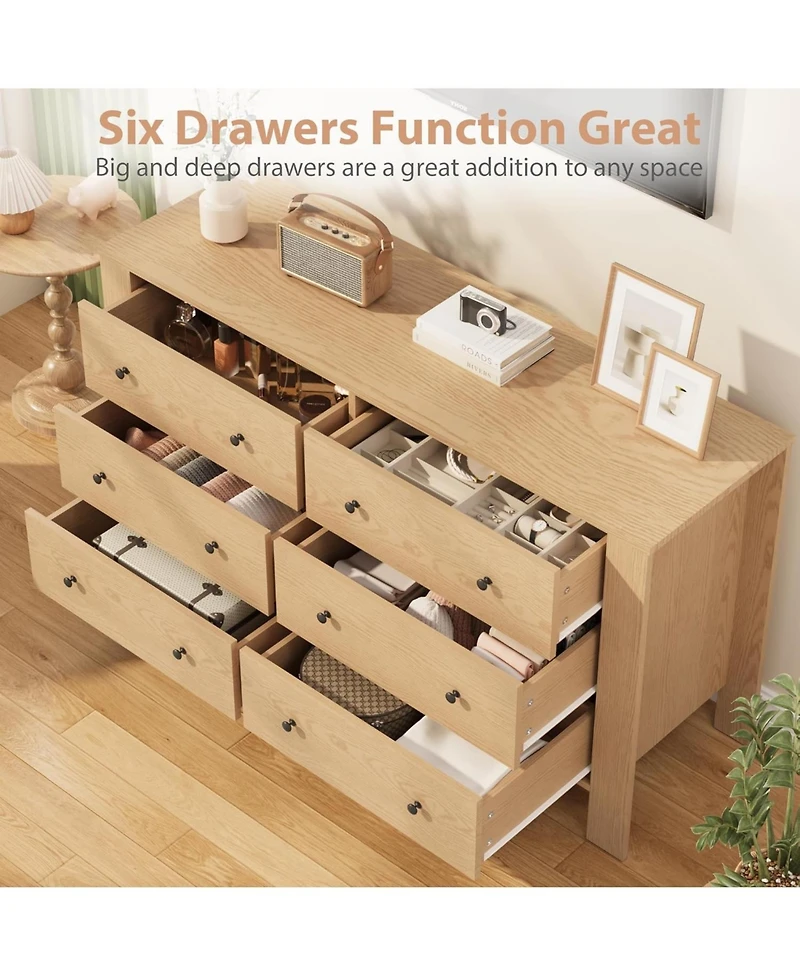 gaomon Natural Oak 6-Drawer Dresser, Modern Double Dresser and Storage Organizer for Bedroom or Entryway