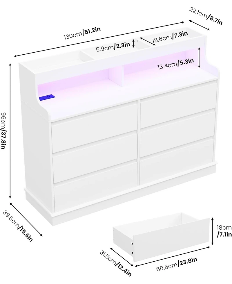 gaomon Dresser for Bedroom, 6 Drawer Dresser with Led Lights and Charging Station, Wide Chest of 6 Drawers with Open Space