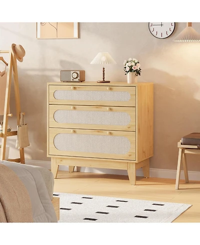 gaomon Rattan Drawer Dresser, 3 Wood Drawers Storage Cabinet Dresser for Bedroom, Living Room,Hallway,Bedside,Dining Room,Corridor,Bathroom
